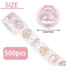 500PCS Sanrio Kuromi Mymelody HelloKitty Girl Heart Shaped Sticker Tape Anime Cartoon Decorative Seal Roll Sticker Reward Gift