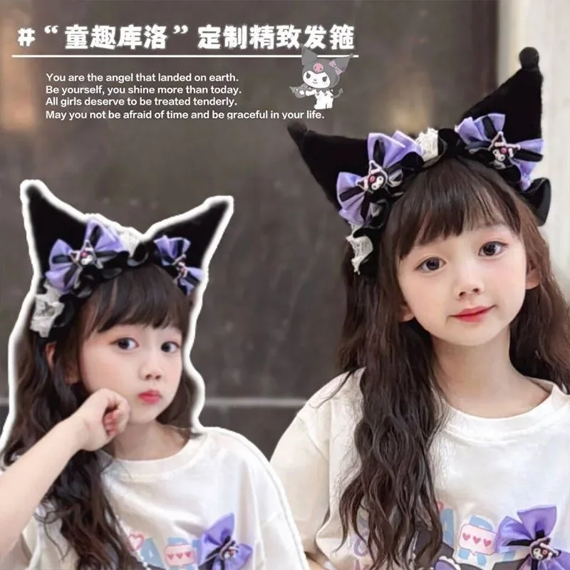 Children's Kuromi Plush Hair Band Lolita Bow Headpiece Cute Princess Dress with Face Wash Hair Hairpin Role Playing Accessories