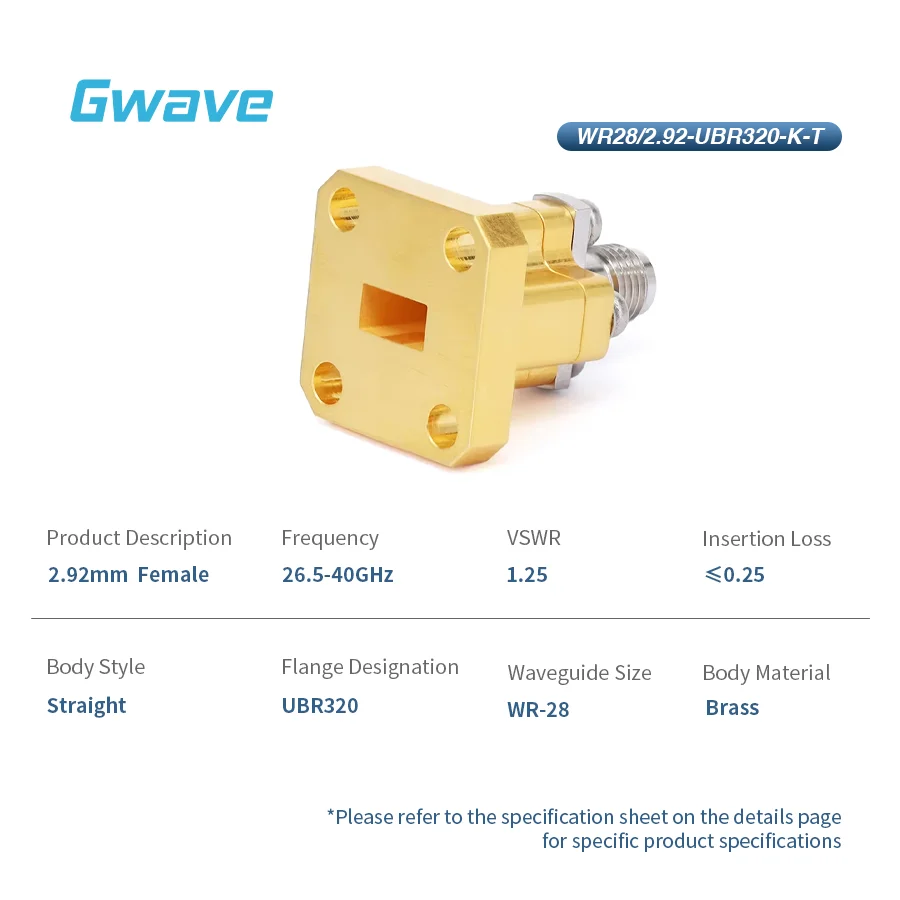 WR-28 to 2.92mm Female Straight Waveguide Adapters with UBR320 Flange 26.5-40GHz Coax Telecom Parts
