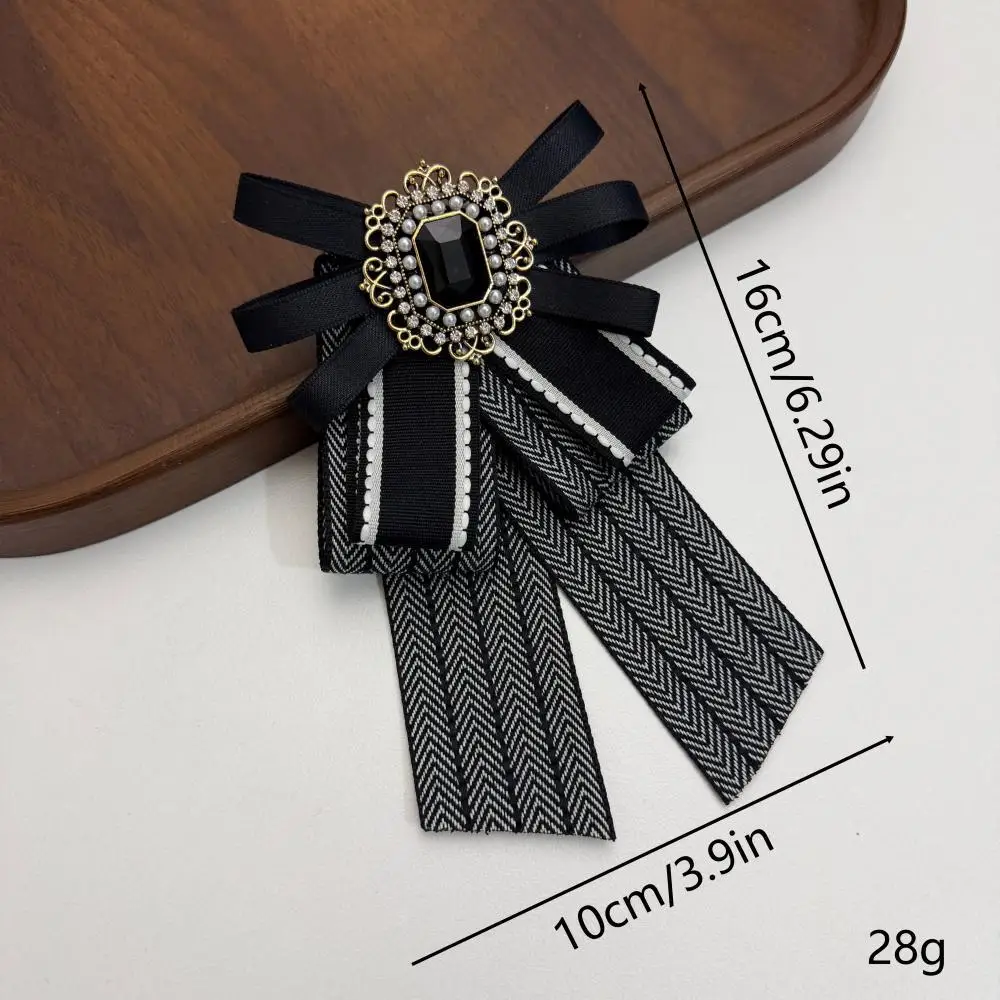 Vintage British-style Striped Rhinestone Embellished Bow Tie School-style JK Shirt  French Multi-layer Purely Handmade Accessory