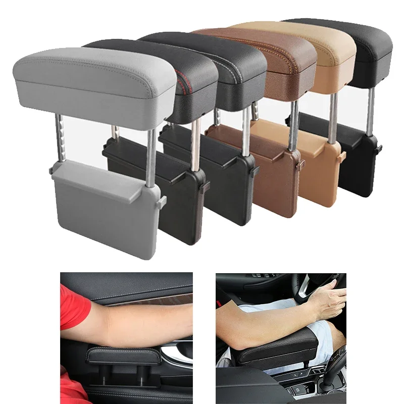 Car PU Leather Elbow Support Cushion Armrest Storage Adjustable Height Auto Elbow Universal Arm Rest Box Organizer Accessories