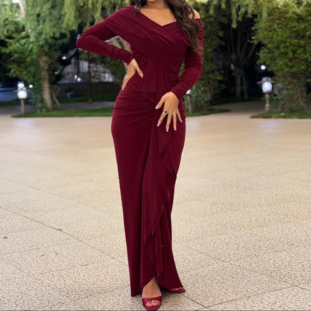 

Customized straight evening dresses floor-length off the shoulder full sleeve prom gown simple fashion pleat casual party gown