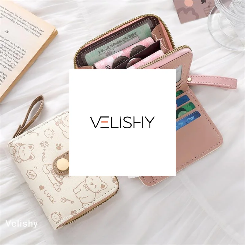 กระเป๋าใส่เหรียญหนัง PU ลายแมวน่ารัก กระเป๋าสตางค์สั้นแฟชั่นสำหรับผู้หญิง กระเป๋าสตางค์แบบพับมีซิป ใส่บัตรประชาชน กระเป๋าใส่เงินสดน้ำหนักเบาสำหรับเดินทาง