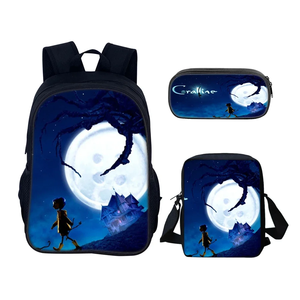 Horror Coraline Schoolbag, mochila de viagem, lancheira, conjunto de lápis, presente para crianças e estudantes