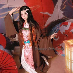 Kamado Nezuko Cosplay Costume Wig Anime Kimono Kamado Nezuko Wig Uniform Halloween Demon Nail Women Kids Clothes In Stock