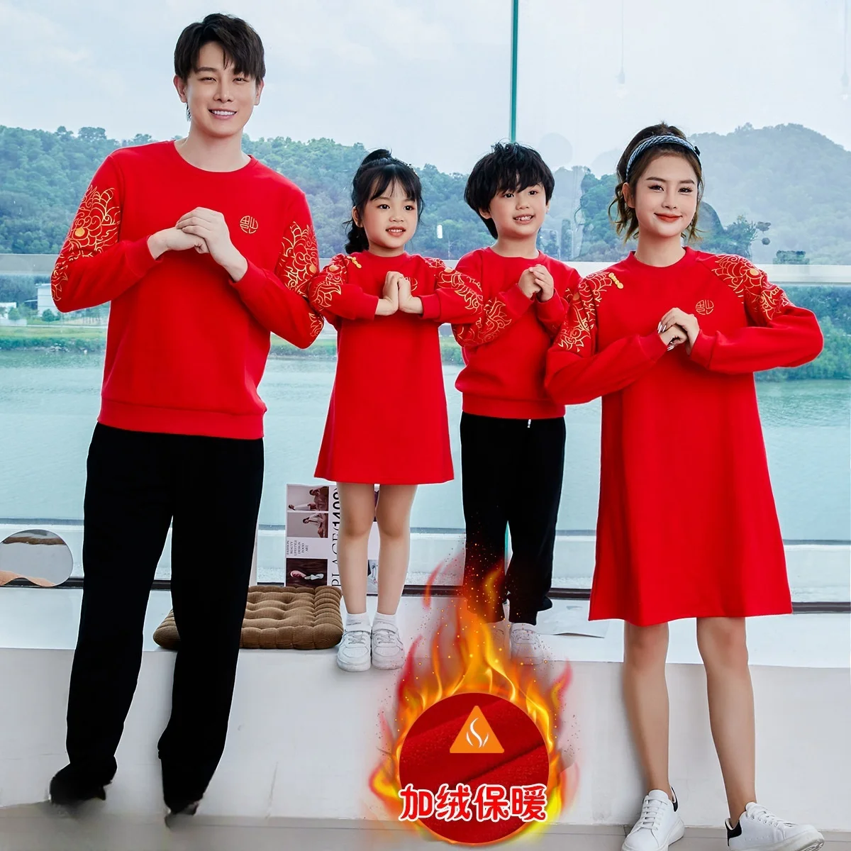 1-12 Years Girl Boy Brother Sister S-3XL Mom Dad Family Matching Outfits 2025 Chinese New Year Plus Velvet Red Sweatshirt Dress