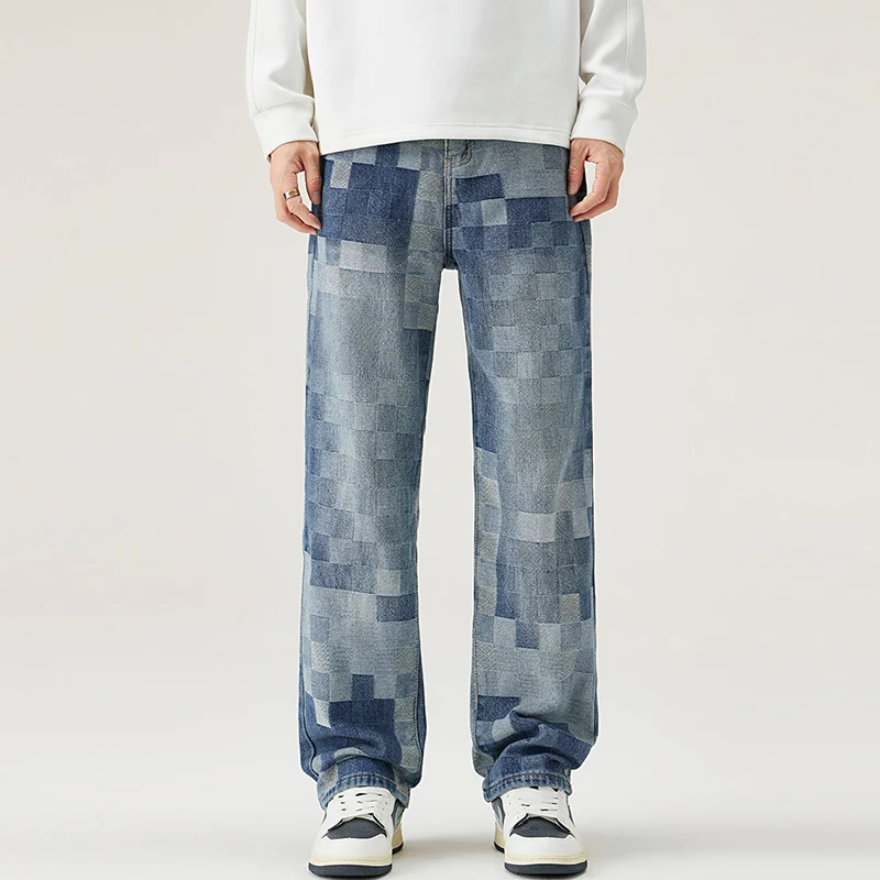 

Шахматные джинсы, мужские бриджи, роскошная уличная одежда, Свободные повседневные клетчатые джинсовые прямые широкие брюки, мешковатые джинсы, ковбойские брюки