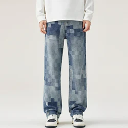 Checkerboard Jeans Men Light Luxury Streetwear Loose Casual Plaid Denim Straight Wide Leg Baggy Jeans Pants Cowboy Trousers