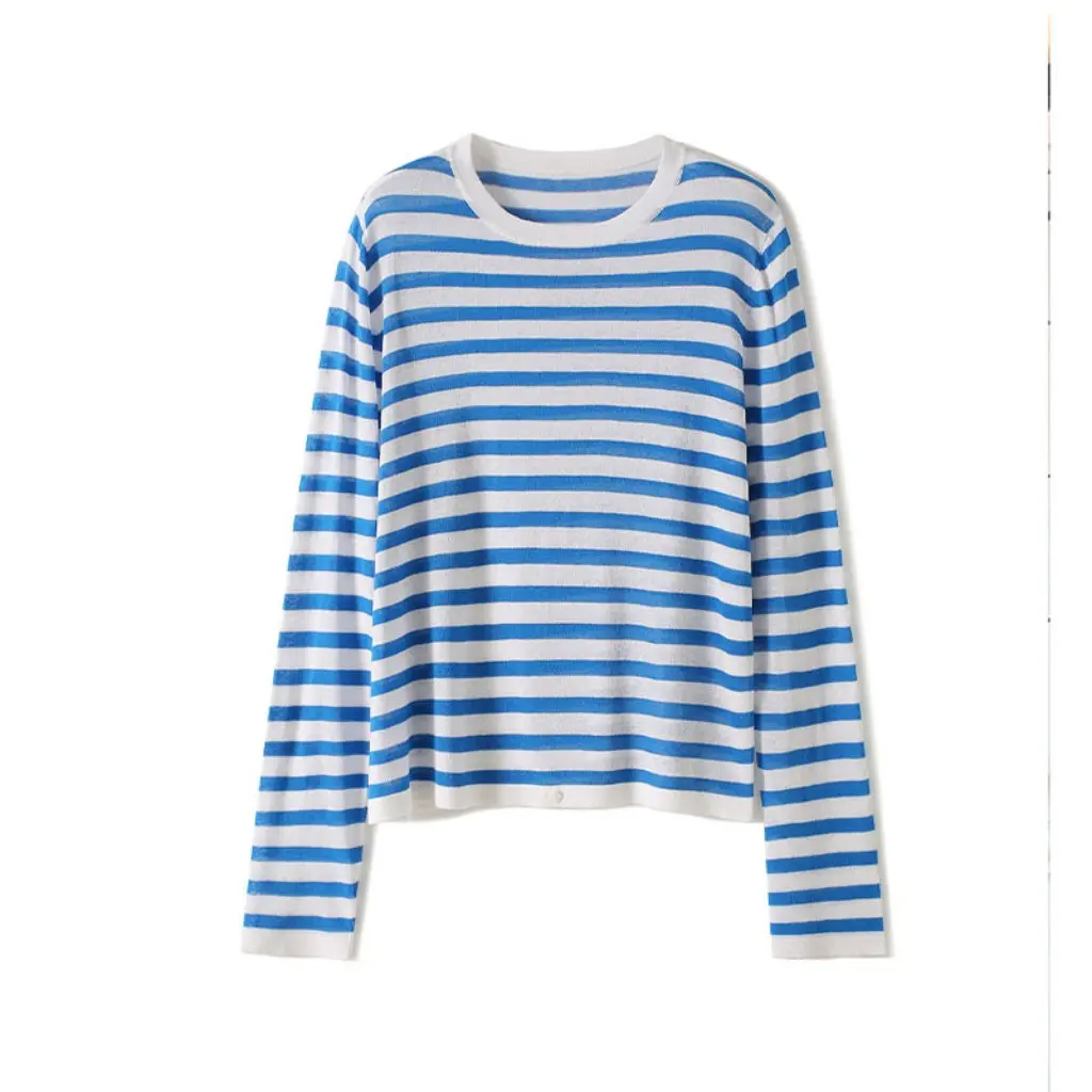 

Coastline Knit Sweater Tencel Linen Striped round Neck Long-Sleeve Sun Protection Casual Shirt for Women Skin-Friendly