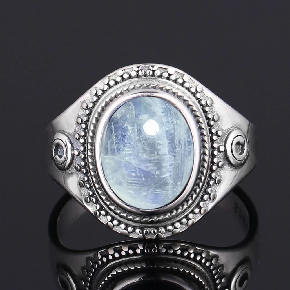 S925 Silver Ring Big Oval 8*10MM Natural Moonstone Turquoise Lapis Tiger Eye Rings for Women Gifts Fine Jewelry