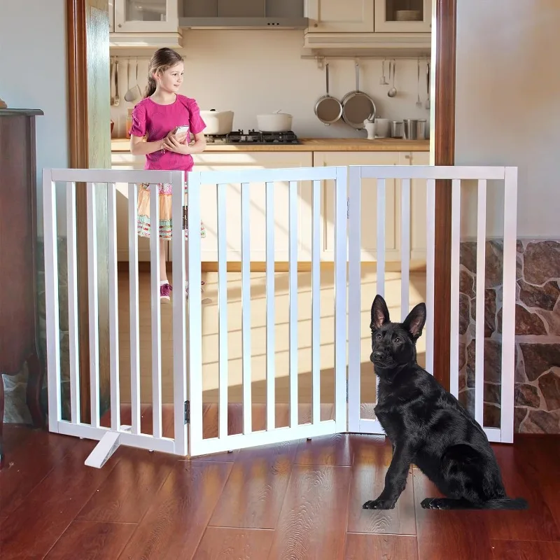

Dog Gate Indoor, Freestanding Dog Fence for The House,Pet Gate Foldable Wooden,Expandable 32" Height 3 Panels,White