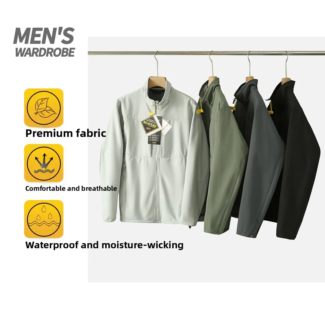 

Thiened Thin Fce Men's Autumn Winter Outdoor Windproof Waterproof Warm Soft ell Jaet Stand Collar Coat Outerwear