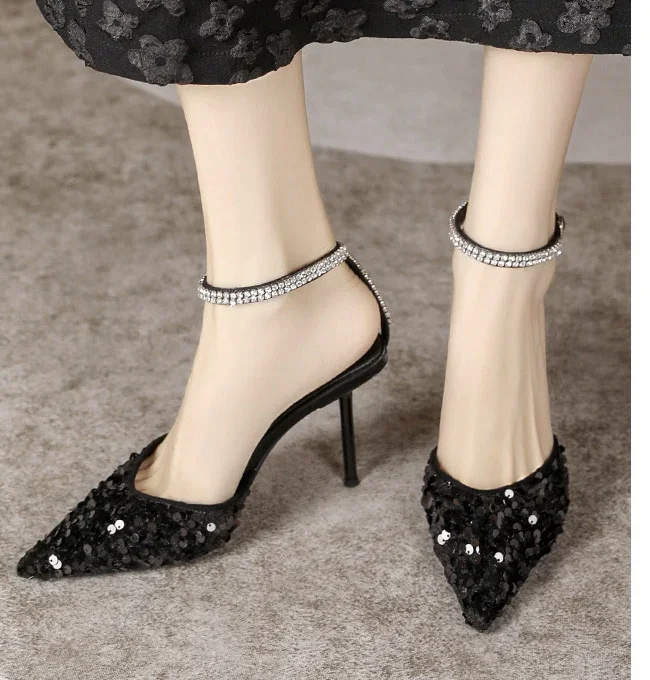 Sequin Baotou Sandals for Women's Summer New Sequin High Heel Pointed Thin Heel Silver Single Shoes Fashionable Banquet Shoes