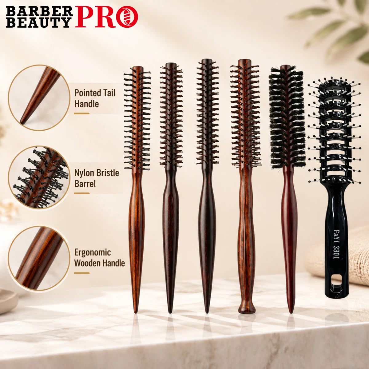 3Pcs Professional Round Hair Brush Set, Wood Handle Boar Bristle & Nylon Pins for Blow Drying, Detangling, Curling, Volume Boost