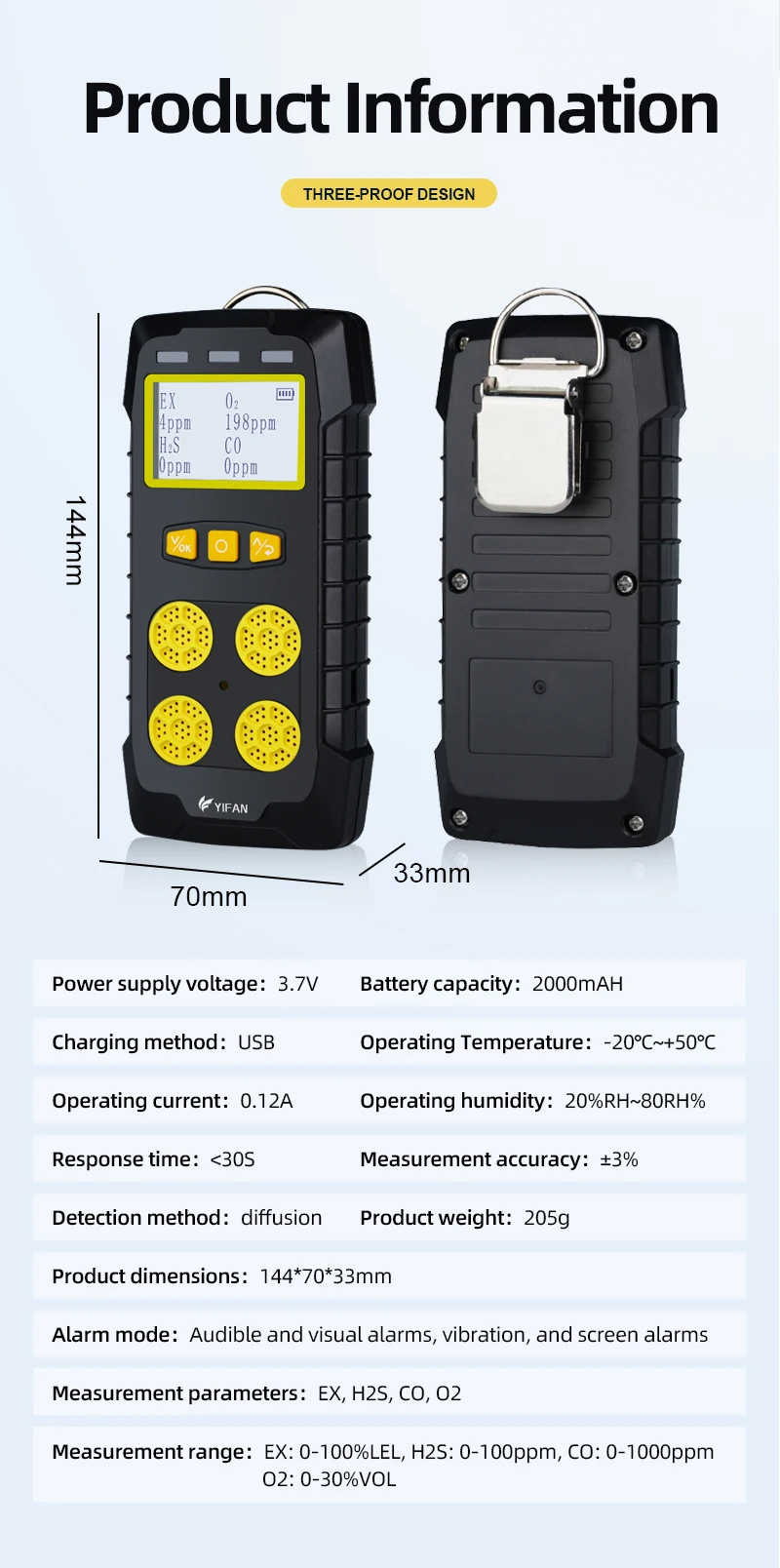 Portable Handheld Gas Detector for Leak Detection of Hydrogen in Industria Environments H2  Audible and Visual Alarm