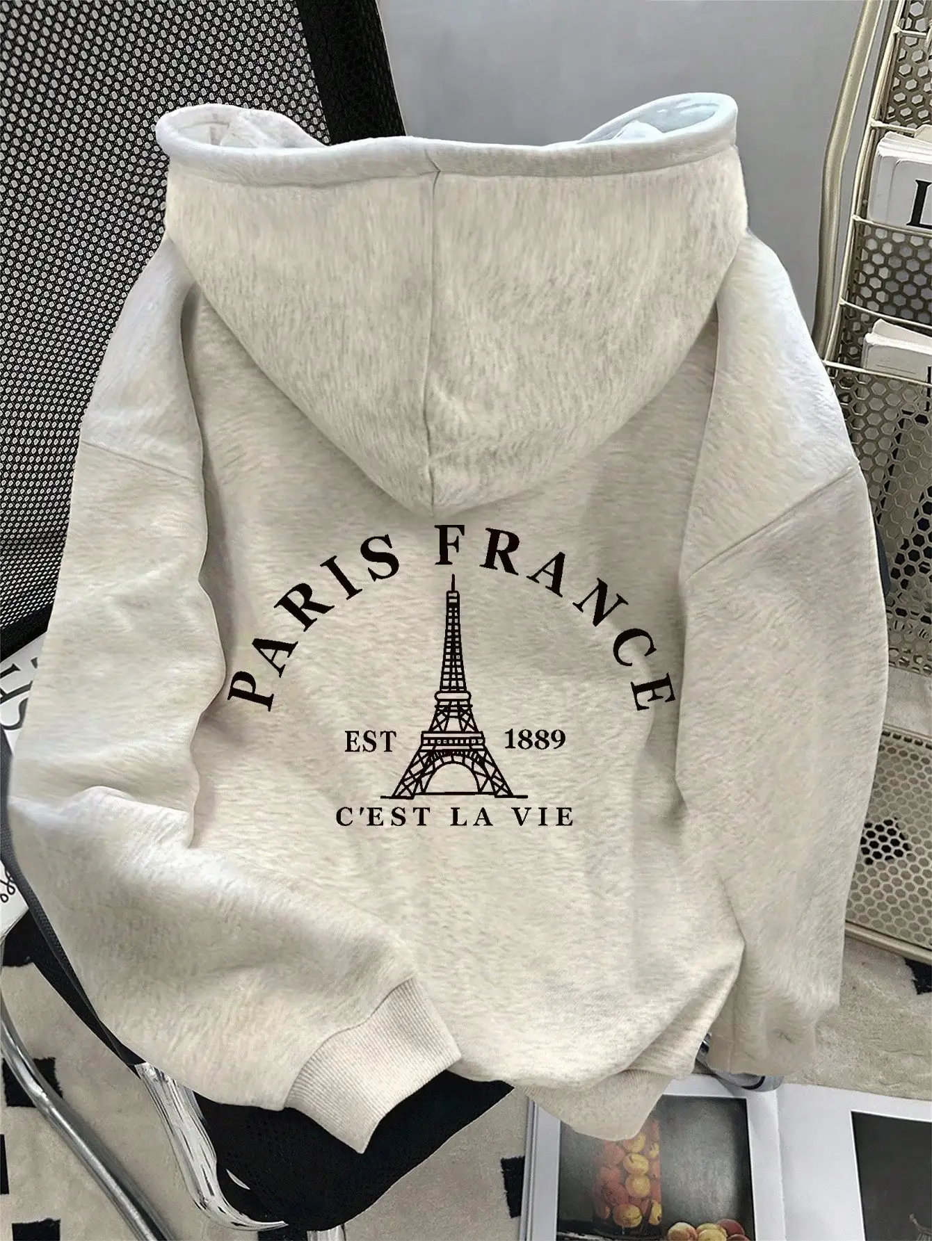 

Women's Oversized Drop Shoulder Fleece Hoodie with Paris-Inspired Graphic Print