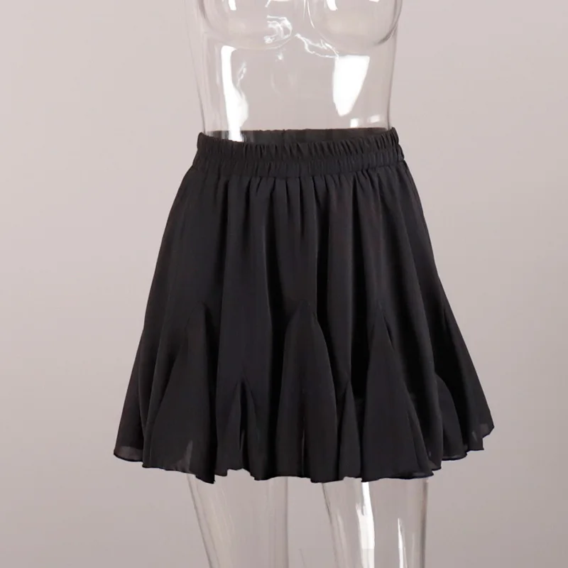 Women's Summer White Mini Skirt High Waist A-Line Vintage Ruffle Tennis Style Black Elastic Waist Cute Ruffle Short Skirts