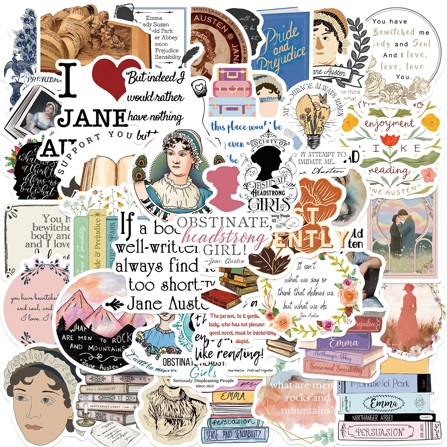 50PCS Famous Writer Jane Austen Vinyl Waterproof Stickers Decals for Water Bottle Laptop Skateboard Scrapbook Luggage Kids Toy