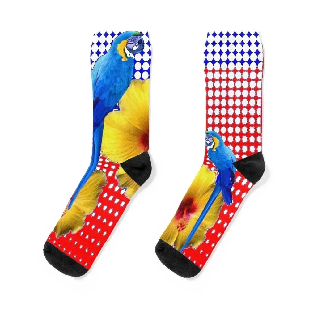 

TROPICAL BLUE MACAWS MODERN YELLOW HIBISCUS FLORAL RED ART Socks Wholesale anti-slip hip hop Boy Child Socks Women's