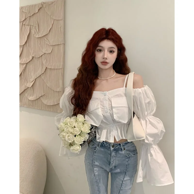 Autumn Design One-Shoulder Puff Sleeve ShirtYY167
