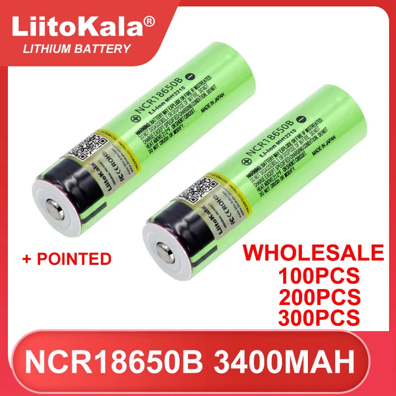 

100/200/300pcs LiitoKala NCR18650B 3.7v 3400mAh Lithium Rechargeable Battery with Pointed (No PCB) batteries TAX FREE Wholesale