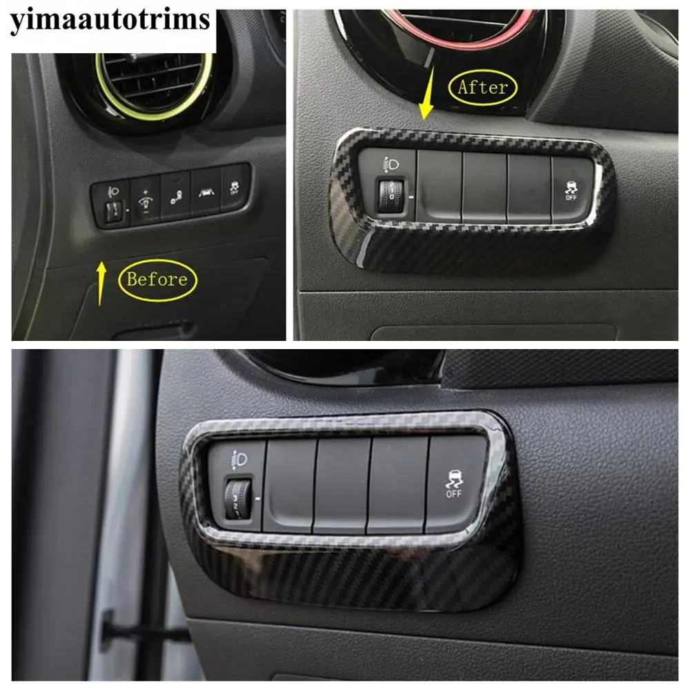 Carbon Fiber Interior For Hyundai Kona 2018 - 2023 Head Lamp Warning Light Window Lift Steering Wheel Air AC Vent Cover Trim Kit