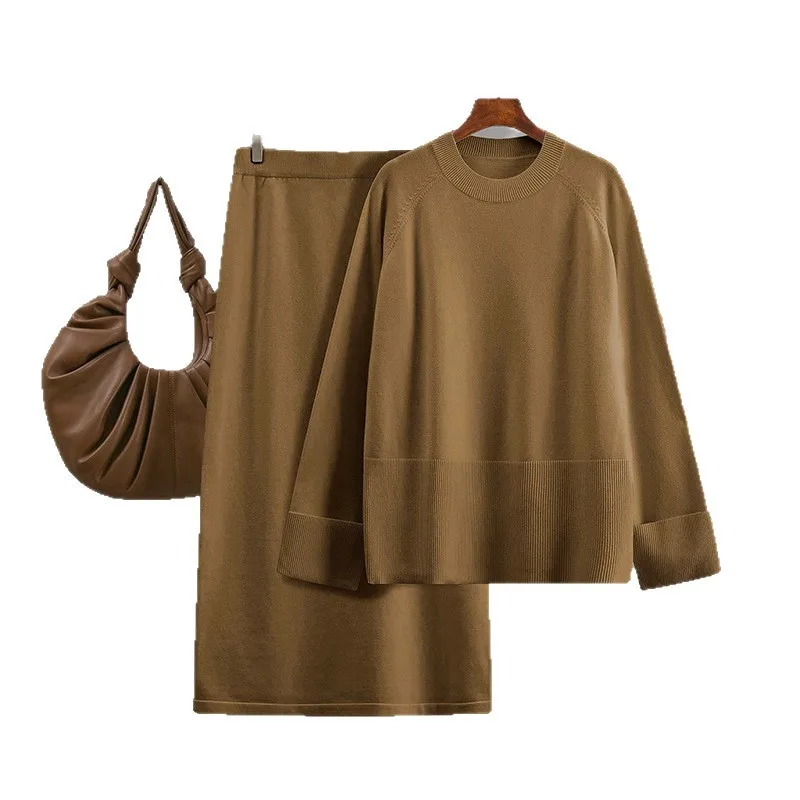 Faionable Round Ne Loose Strickrock Set Herbst Winter Damen Long Sve Color orm Sle Ensemble