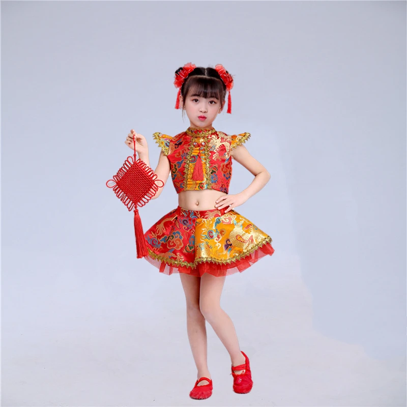 Costumi yangko festivi per bambini per ragazzi e ragazze costumi cinesi a tamburo del vento rap China red dance performance costumes.