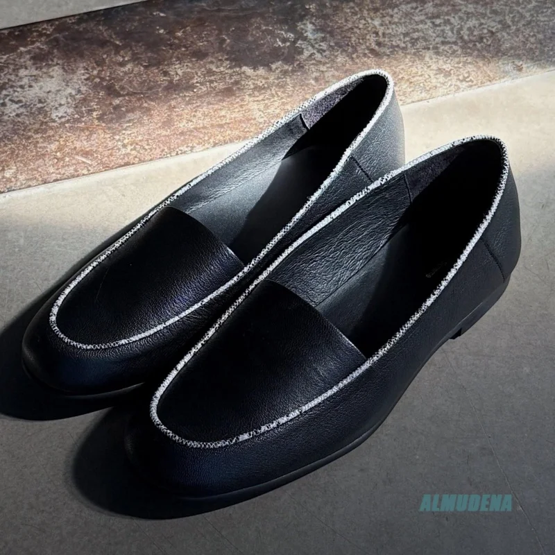 Black Contrast Trim Leather Men's Loafers Low Heel Casual Shoes Office Daily Trendy Versatile Comfortable Slip-On Work Shoes