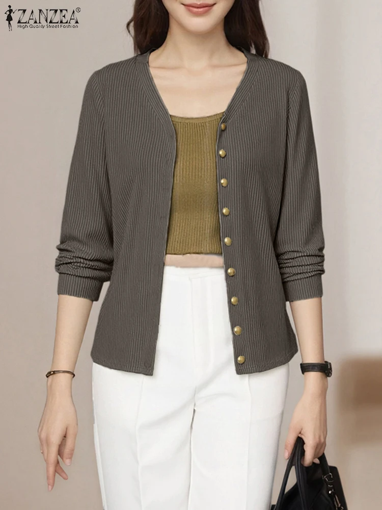 2025ZANZEA Frauen Mode Gestrickte Pullover Elegante Jumper Herbst V-ausschnitt Strickwaren Strickjacke Casual Solide Lose Pullover Jumper