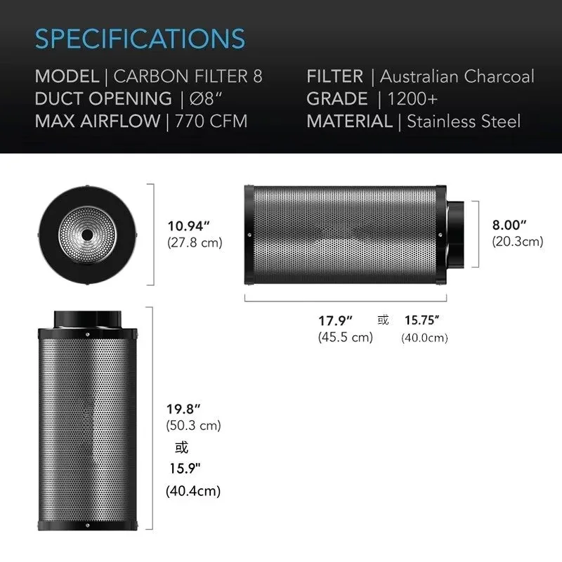Cylindrical Activated Carbon Air Filter Efficient Deodorizing Purifier 4 6 8 Inch Duct Fan Plant Tent Use