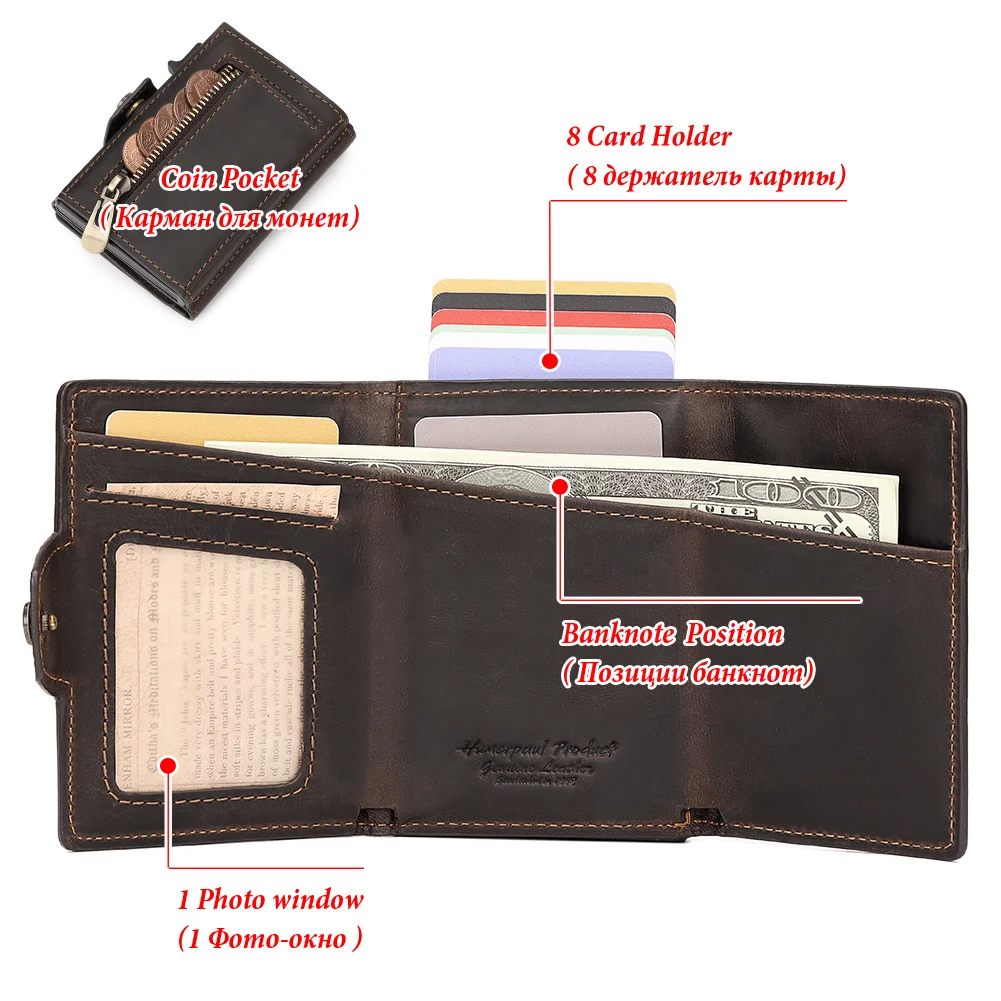 Free Engraving Cowhide Leather Men's Wallet RFID Blocking Protect Cardholder Automatic Card Case for Women with Apple AirTag