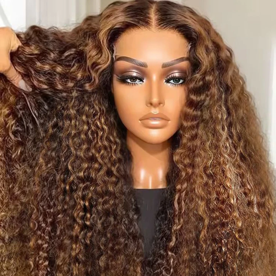

13x6 HD Lace Front Wig Highlight Deep Wave Human Hair Curly Wig 40 30 Inch Ombre Brown Colored Wig P4/27 Honey Blonde Preplucked