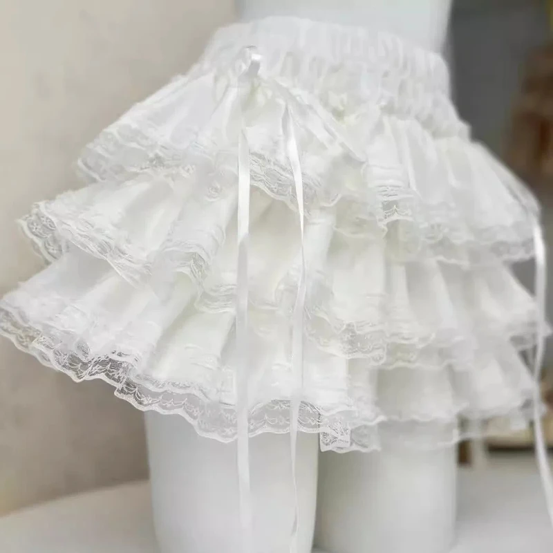 Women Ruffle Mini Skirt with Lace Bow Built-in Shorts Y2K Coquette Lolita Balletcore Tiered Ruffles Short Skort