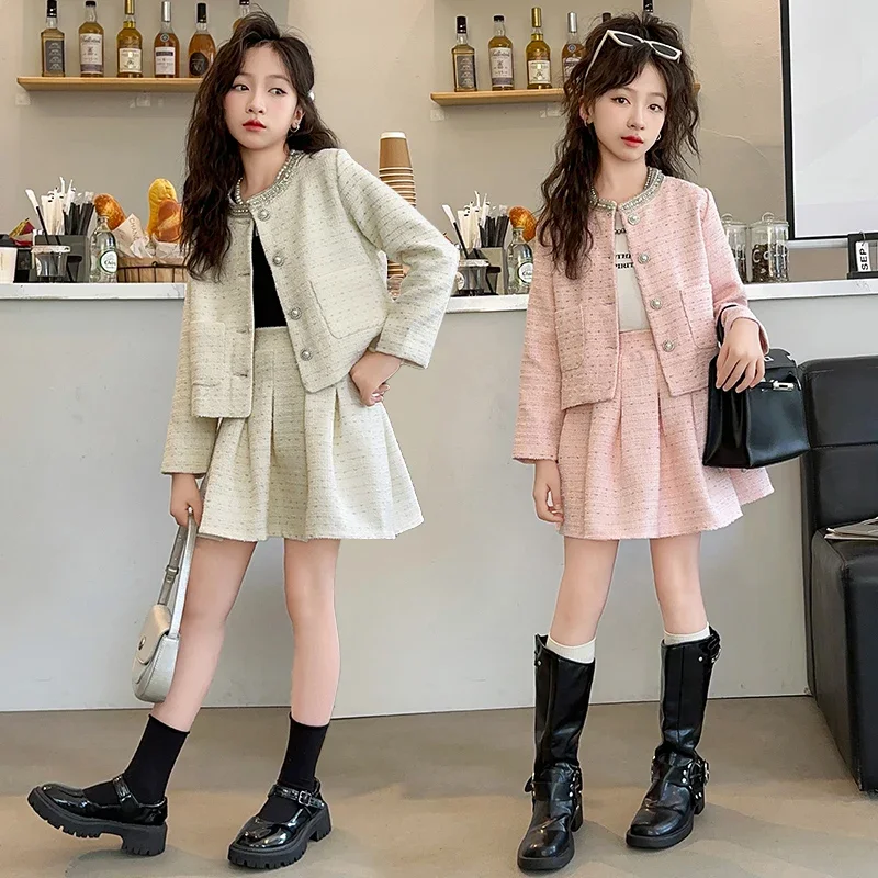 French style chic teen girls clothes set Handmade bead round neck jacket+pleated skirt 2pcs junior kids suit child outfits 12 14