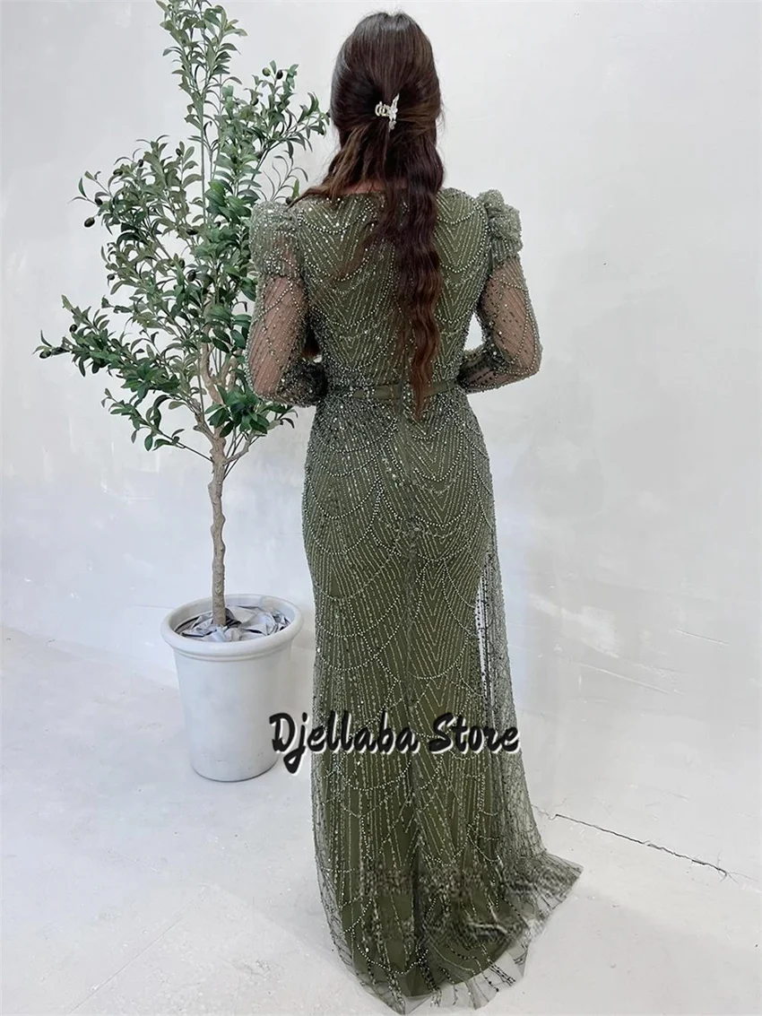 Sequined Mermaid Evening Dress Customized Olive Green Full Sleeves Beading Pearls Sweep Train Prom Party Gown Robe De Soiree