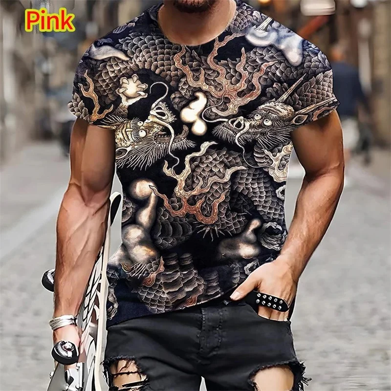 

Chinese Dragon Pattern T-Shirt Men's Ethnic Totem 3D Printing Tee Shirts Casual Summer Round Neck Short Sleeve Tees Loose Tops
