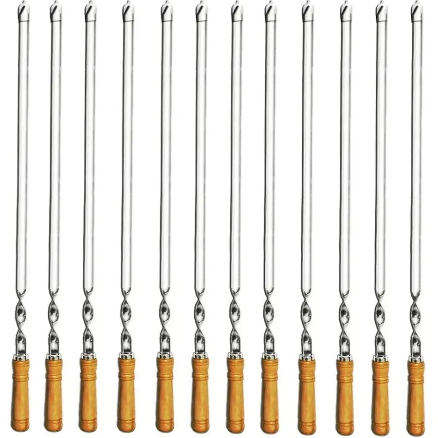 

12 Pack Kabob Skewers BBQ Barbecue Skewers Stainless Steel Sticks 23.5 Inch Heavy Duty Large Wide Reusable with Nonslip Wooden H