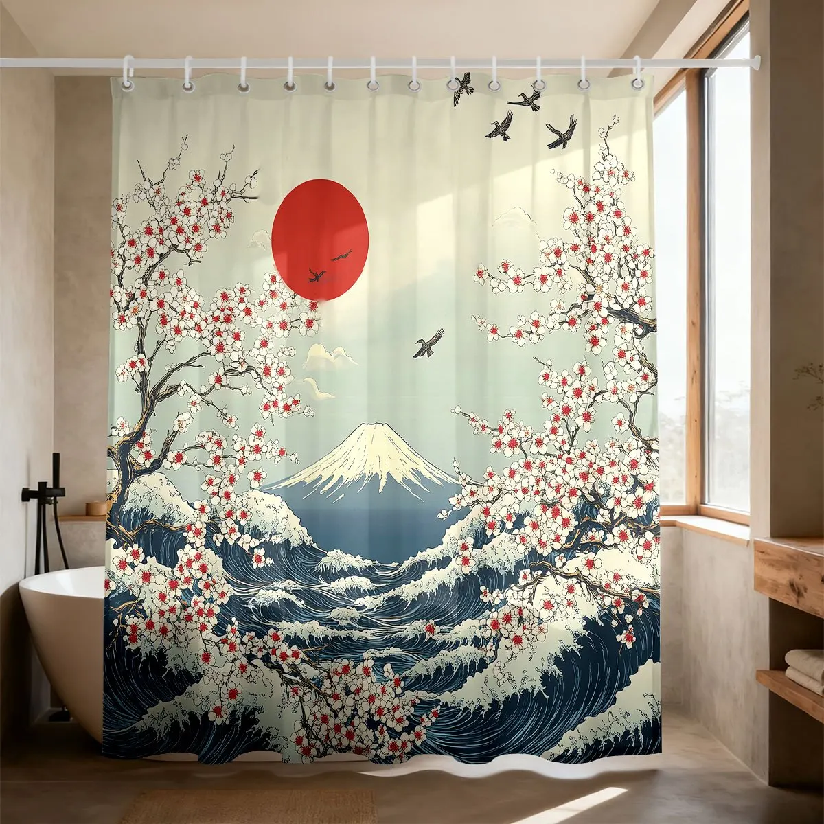 Vintage Oriental Ukiyo‑e Scenery Mount Fuji Ocean Waves Cherry Blossoms Birds Red Sun Bath curtain, Cozy Soft Warm Throw