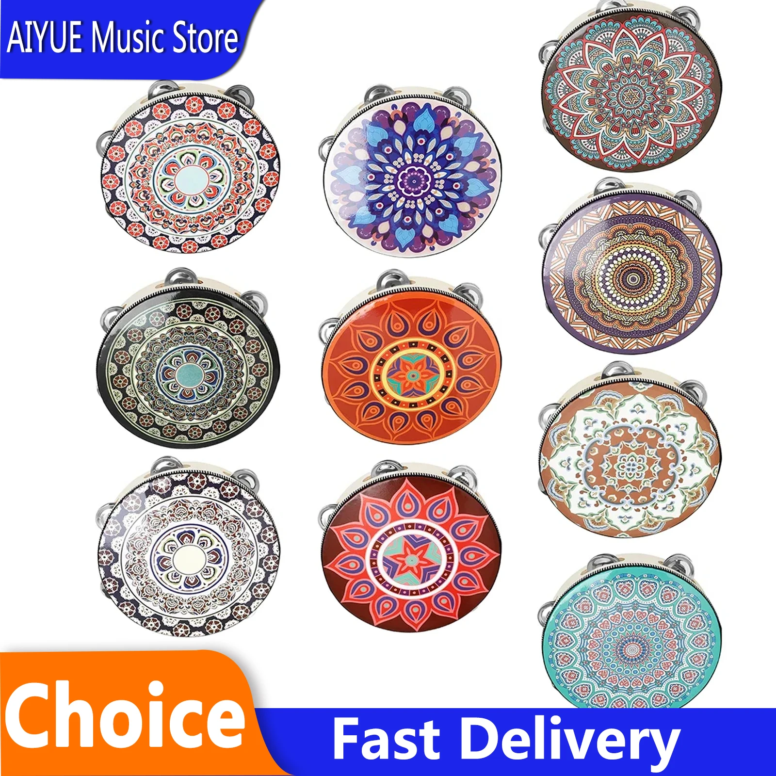IRIN 8 Inch Tambourine Bell Drum Dunhuang Style Stainless Steel Bells Drums Orff Children's Gift Percussion Musical Instruments