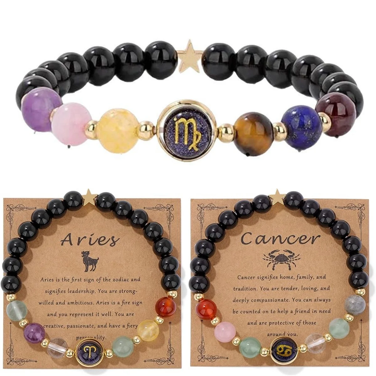

12 Zodiac Signs Natural Stone Bracelet Taurus Healing Virgo Pisces Charm Bracelets for Women Men Couples Friendship Jewelry Gift