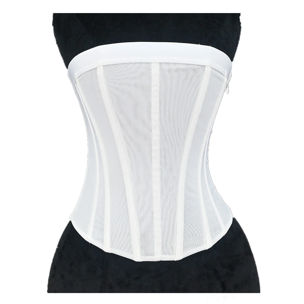 Women Overbust Corset Top Sexy White Mesh Lace Up Side Zipper Fishbone Bodice Body Shaper Short Style Strapless Bustier