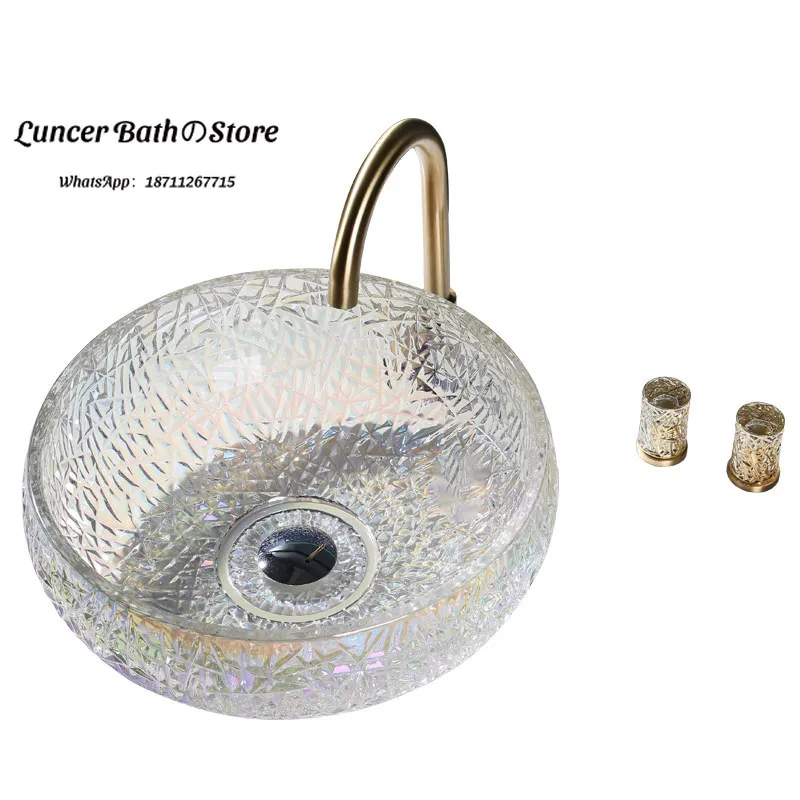 

Compact Small Size Round Crystal Glass Countertop Basin Single Bowl Space-saving Hand Wash Sink For Tiny Restroom