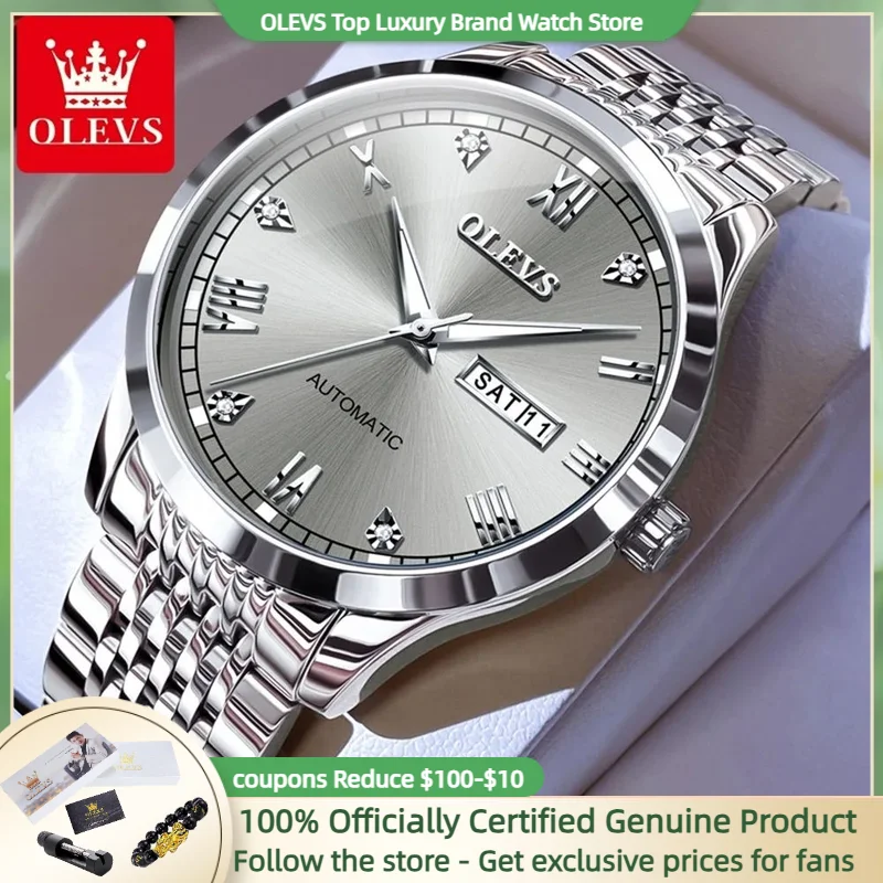 OLEVS Original Watch for Men Automatic Mechanical Male Wristwatches Calendar Stainless Steel Waterproof Luminous Watch Man NEW