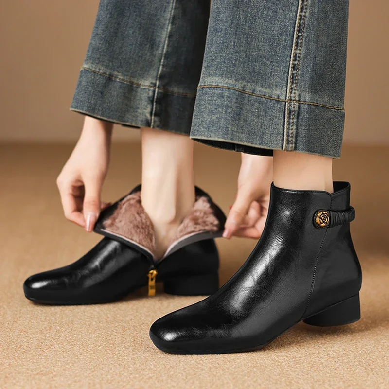 2026 new autumn winter women ankle boots natural leather plus size 22-25cm split leather+wool side zip thick heel short boots