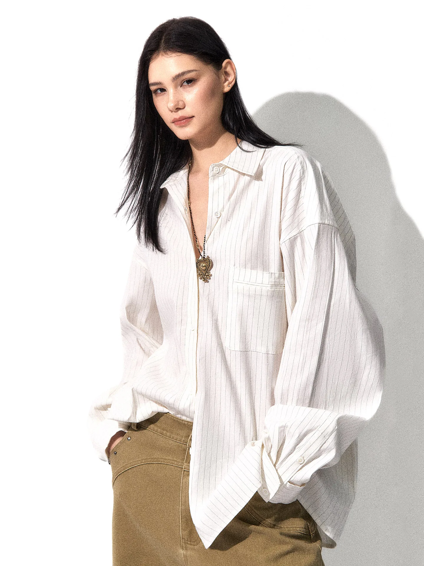 

Loeband Classic Retro Striped Loose Fit irt Simple Texture Women's Premium Quali Linen Blend Long Sve irt