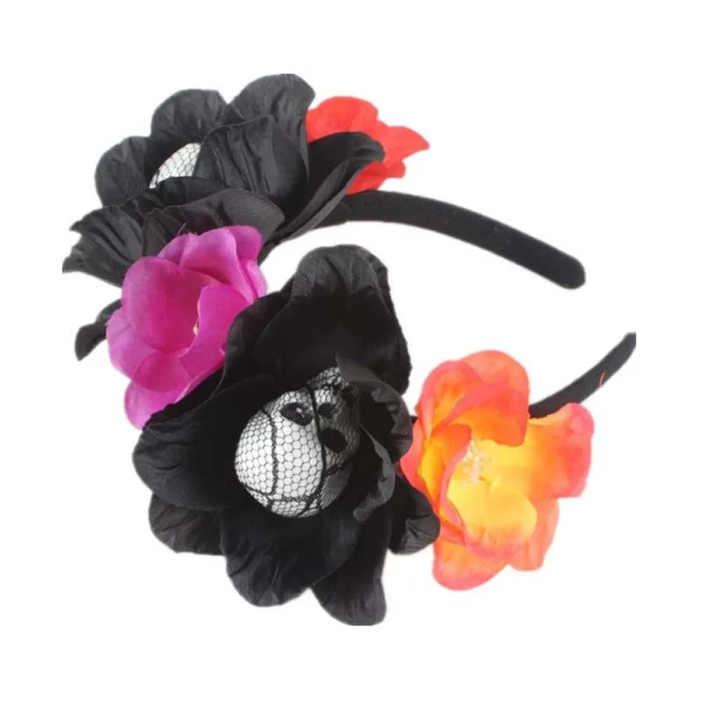 Day of The Dead Halloween Headband Halo Crown Headwear Rose Flower Crown Halloween Skull Hair Hoop Non-slip Costume Accessory