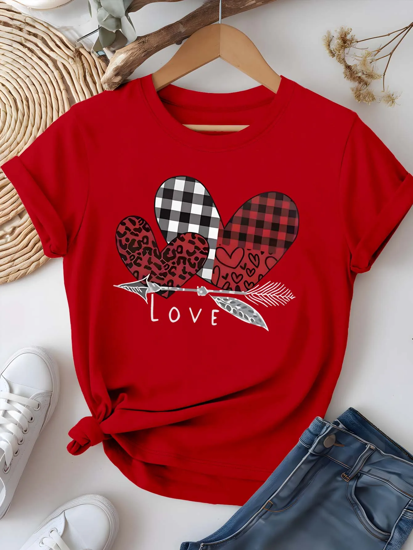 

Plus Size Artistic Patchwork Heart Graphic Chic Trendy Romantic Summer Short Sleeve Tee