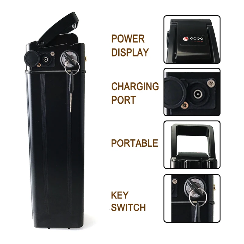 トップディスチャージ 48V 20000mAh リチウムイオンバッテリーパック 20Ah シルバーフィッシュバッテリー 電動自転車 盗難防止ロック付き