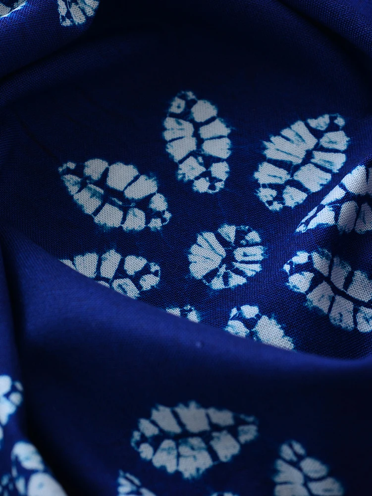 Indigo Dyed Fabric Navy Blue Cotton Leaf Flower for Sewing Clothes DIY Handmade by Half Meter